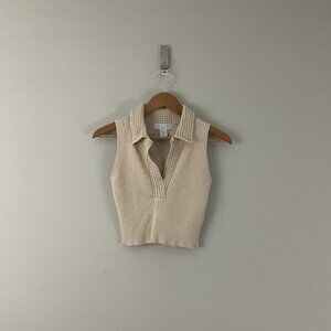 Caroline Constas Beige Ribbed Crochet Trim Polo Crop Top Size XS